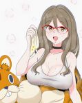  1girl :d bare_shoulders black_choker breasts brown_eyes brown_hair choker cleavage collarbone commentary_request glasses hair_between_eyes handkerchief highres holding_handkerchief large_breasts long_hair looking_at_viewer lycoris_recoil mascot_costume nakahara_mizuki osage_gankyou over-rim_eyewear red-framed_eyewear semi-rimless_eyewear shirt smile solo sweat sweating_profusely white_shirt 