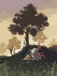  ^_^ absurdres closed_eyes cloud commentary_request cyndaquil grass highres hisuian_zorua mokuzou_(moku_ssbu) no_humans outdoors pokemon pokemon_(creature) sitting sky sleeping tree twilight 