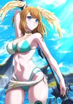  1girl absurdres arm_up ass_visible_through_thighs bangs bare_arms bare_shoulders bikini blue_bikini blue_eyes blue_sky blush breasts brown_hair cleavage cloud commentary_request cowboy_shot day eunie_(xenoblade) grey_choker grin groin head_wings highres large_breasts long_hair looking_at_viewer mercury_xeno nevel sky smile solo standing stomach swimsuit thighs xenoblade_chronicles_(series) xenoblade_chronicles_3 