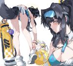  1girl animal_ears bent_over black_hair blue_archive blue_eyes blue_skirt breasts character_name cheerleader cleavage clothes_writing dog_ears dog_girl dog_tail eyewear_on_head from_behind halo hibiki_(blue_archive) hibiki_(cheerleader)_(blue_archive) holding holding_pom_poms kumonji_aruto legs looking_at_viewer medium_breasts multiple_views official_alternate_costume parted_lips pom_pom_(cheerleading) ponytail shoes simple_background skirt sneakers solo standing sunglasses tail two-tone_skirt upper_body white_background white_footwear white_skirt 