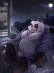  2022 anthro bed belly big_belly black_body black_nose book cai_yuwang clothing detailed_background furniture giant_panda inside kemono male mammal moobs moon navel night nipples overweight overweight_male robe sitting solo ursid white_body 