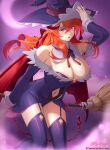  1girl :d absurdres bangs bare_shoulders blush bow breasts broom cleavage demon_girl demon_tail demon_wings detached_sleeves halloween hat highres horns large_breasts long_hair looking_at_viewer navel open_mouth original red_eyes red_hair simple_background smile solo tail thighhighs vilde_loh_hocen wings witch witch_hat 