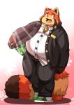  2022 absurd_res ailurid anthro belly big_belly blush bottomwear clothing dokyudokyu1 hi_res kemono male mammal orange_body overweight overweight_male pants red_panda shirt solo topwear 