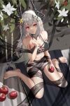  1girl apple arknights armlet bare_shoulders barefoot bikini black_bikini black_ribbon breasts candle cleavage collar collarbone flower food fruit grey_hair hair_flower hair_ornament highres holding holding_food holding_fruit horns infection_monitor_(arknights) jewelry large_breasts long_hair looking_at_viewer mudrock_(arknights) mudrock_(silent_night)_(arknights) necklace official_alternate_costume open_mouth pointy_ears red_eyes ribbon sitting skydrop solo swimsuit very_long_hair wariza white_flower yellow_flower 