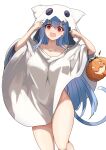  1girl absurdres animal_ears blue_hair blue_tail breasts candy cat_ears cat_girl food ghost_costume halloween halloween_bucket highres large_breasts naked_costume namako_(namacotan) no_bra no_panties open_mouth red_eyes shikai_yue solo thighs virtual_youtuber 