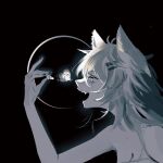  1girl animal_ears antenna_hair arknights bare_shoulders black_background black_nails bug butterfly grey_hair hand_up highres kaleka lappland_(arknights) long_hair messy_hair pale_skin portrait simple_background solo wolf_ears wolf_girl 