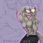  2_heads 3_heads anthro bottomwear cherry_poppins_(geno28) clothed clothing dragon feral finger_to_mouth geno28_(artist) hair hand_on_head hi_res horn hydra jojo&#039;s_bizarre_adventure looking_at_viewer male multi_head muscular pants pose reptile scalie size_difference solo stand_(jjba) tagme topless watermark 
