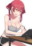  1girl bangs black_shorts breasts cleavage grey_camisole hair_between_eyes hair_ribbon heterochromia highres holding holding_stylus hololive houshou_marine kaname_(melaninusa09) large_breasts open_mouth red_eyes red_hair red_ribbon ribbon short_shorts shorts simple_background sitting solo stylus tablet_pc twintails virtual_youtuber white_background yellow_eyes 