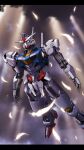 airborne cloud commentary dark_clouds feathers foot_out_of_frame g.yamamoto green_eyes gundam gundam_aerial gundam_suisei_no_majo highres light_rays mecha mobile_suit no_humans open_hands robot solo v-fin white_feathers 