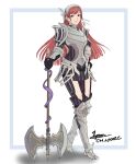  1girl armor axe bangs black_dress black_gloves bracer breastplate cherche_(fire_emblem) cm_lynarc commentary dress fire_emblem fire_emblem_awakening full_body gloves greaves grey_hairband hairband highres long_hair looking_at_viewer pauldrons red_eyes red_hair shoulder_armor simple_background smile solo standing very_long_hair weapon white_background 