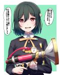  1girl :d absurdres amagi_(volfuji) black_jacket border collared_shirt commentary fangs green_background green_hair highres holding holding_weapon jacket looking_at_viewer love_live! love_live!_nijigasaki_high_school_idol_club medium_hair mifune_shioriko neck_ribbon nijigasaki_academy_school_uniform outside_border red_eyes ribbon school_uniform shirt smile solo splatoon_(series) sploosh-o-matic_(splatoon) tongue translated upper_body weapon white_border winter_uniform yellow_ribbon 