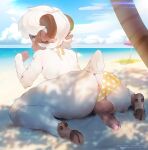  absurd_res anthro anus beach blush bovid caprine chlora clothing clothing_aside detailed_background fur genitals green_eyes hi_res hooves horn male mammal panties panties_aside penis pita_potato seaside sheep solo underwear underwear_aside white_body white_fur 