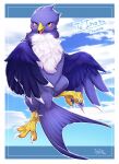 2022 4_toes anisodactyl avian beak bird bird_feet blue_body blue_feathers border chest_tuft claws cloud detailed_background facial_markings feathered_wings feathers feet female feral flying front_view head_markings hi_res ingi kemono looking_at_viewer markings open_beak open_mouth orange_eyes purple_body purple_feathers scales shanon_(inuolsuila2) signature sky sky_background solo tail_feathers toes tongue tuft white_body white_border white_feathers wings 
