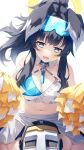  1girl :d absurdres animal_ears bangs bare_shoulders binaural_microphone black_hair blue_archive breasts cheerleader cleavage crop_top dog_ears fang floating_hair goggles goggles_on_head halo hasumi_(hasubatake39) hibiki_(blue_archive) hibiki_(cheerleader)_(blue_archive) highres large_breasts light_blush long_hair microphone midriff navel pom_pom_(clothes) ponytail sidelocks simple_background skirt smile solo star_tattoo tattoo white_background white_skirt 