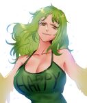  1girl bare_shoulders breasts cleavage collarbone green_hair green_shirt harpy large_breasts medium_hair monet_(one_piece) monster_girl one_piece print_shirt raine_(acke2445) shirt sleeveless sleeveless_shirt solo upper_body winged_arms wings yellow_eyes 