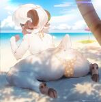  absurd_res beach blush bovid bulge caprine chlora clothing detailed_background fur green_eyes hi_res hooves horn male mammal panties pita_potato seaside sheep solo underwear white_body white_fur 