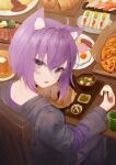  1girl absurdres ahoge animal_ear_fluff animal_ears bangs cat_ears food food_on_face fried_egg from_behind hair_between_eyes highres holding holding_food hololive long_sleeves looking_at_viewer looking_back nanome_to nekomata_okayu on_chair onigiri open_mouth pizza plate purple_hair sandwich short_hair sitting solo tray virtual_youtuber 