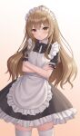  1girl aisaka_taiga alternate_costume brown_hair crossed_arms enmaided highres long_hair looking_at_viewer maid seungju_lee solo thighhighs thighs toradora! white_thighhighs zettai_ryouiki 