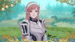  1girl armor black_dress blue_sky breastplate cherche_(fire_emblem) cm_lynarc commentary day dress fire_emblem fire_emblem:_three_houses fire_emblem_awakening fire_emblem_warriors:_three_hopes game_screenshot_background grass grey_hairband hairband long_hair looking_at_viewer outdoors pauldrons pink_eyes pink_hair shoulder_armor sky solo tree upper_body very_long_hair 