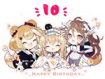  3girls :d ^_^ ahoge animal_ears arknights bear_ears bear_girl black_shirt blonde_hair blush brown_hair candy_hair_ornament chibi closed_eyes dress eyjafjalla_(arknights) flower food-themed_hair_ornament fox_ears fox_girl fox_tail gummy_(arknights) hair_down hair_flower hair_ornament hairclip happy happy_birthday holding horns itsuki_02 long_hair mask mask_around_neck multiple_girls multiple_tails official_alternate_costume open_mouth red_eyes sheep_ears sheep_girl sheep_horns shirt short_hair simple_background smile straight_hair suzuran_(arknights) suzuran_(spring_praise)_(arknights) tail white_background white_dress white_flower 