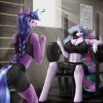  abs anthro bar beckoning big_breasts bodily_fluids breasts bulge butt cleavage clothed clothing dumbbell equid equine fan_character female friendship_is_magic gesture gym hasbro horn intersex mammal muscular my_little_pony open_mouth princess_celestia_(mlp) ripy shamziwhite smile sweat unicorn washboard_abs weights 