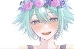  1boy 7hinode basil_(omori) blush close-up flower green_eyes green_hair head_wreath looking_at_viewer omori open_mouth overalls shirt short_hair simple_background smile solo teeth tongue upper_body white_background yellow_shirt 