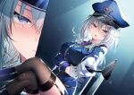  1girl arm_under_breasts blue_headwear blush boots breasts garter_straps gloves grey_eyes grey_hair hat holding large_breasts lilithea looking_at_viewer mata_korosarete_shimatta_nodesune_tantei-sama necktie open_mouth police police_hat police_uniform policewoman purple_necktie riichu short_hair sitting solo thighhighs uniform white_gloves 