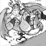  2022 ambiguous_gender anthro biped carrying_partner custapple digital_media_(artwork) dragon duo greyscale horn human knight larger_anthro larger_male male mammal membrane_(anatomy) membranous_wings monochrome muscular muscular_anthro muscular_male scales scalie size_difference sketch smaller_ambiguous smaller_human warrior western_dragon wings 