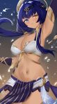  1girl absurdres arm_up armpits bangs blue_eyes breasts candace_(genshin_impact) circlet dark-skinned_female dark_skin egyptian_clothes floating_hair genshin_impact gold gold_trim heterochromia highres kuro_(blackpgmickey) large_breasts looking_at_viewer low_twintails navel parted_lips pelvic_curtain purple_hair solo stomach tan twintails yellow_eyes 