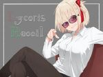  1girl absurdres belt blonde_hair brown_pants crossed_legs english_text evil_smile formal glasses grey_background hair_ornament highres komiya_harumoto long_sleeves looking_at_viewer lycoris_recoil nishikigi_chisato pants red-tinted_eyewear red_eyes shirt short_hair sitting smile solo tinted_eyewear white_shirt 