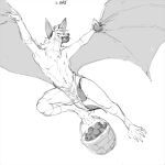  2022 anthro apple apple_in_mouth basket biped bottomwear bulge chiropteran claws clothing container custapple digital_media_(artwork) flying greyscale loincloth male mammal membrane_(anatomy) membranous_wings monochrome simple_background sketch solo toe_claws white_background winged_arms wings 