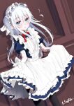  1girl against_wall alternate_costume alternate_hairstyle apron black_thighhighs blue_dress blue_eyes dress dutch_angle enmaided feet_out_of_frame frilled_apron frills hibiki_(kancolle) highres kantai_collection long_hair looking_at_viewer maid maid_headdress neck_ribbon one_side_up pantyhose red_ribbon ribbon skirt_hold solo standing tachakan thighhighs white_apron white_hair 