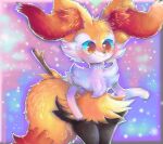  1girl :3 animal_ear_fluff animal_ears animal_hands animal_nose black_fur blush body_fur braixen closed_mouth commentary cowboy_shot english_commentary flat_chest fox_ears fox_girl fox_tail fur_collar furry furry_female happy highres linlout multicolored_fur outline pokemon pokemon_(creature) purple_background red_eyes smile snout solo standing stick tail thighs white_fur white_outline wide-eyed yellow_fur 