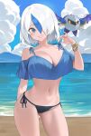  1girl bangs bare_shoulders beach bikini black_bikini blue_bikini blue_eyes blue_hair blue_sky blush bracelet breasts character_request cleavage cloud cloudy_sky collarbone commentary commission copyright_request hair_over_one_eye highres hood_(james_x) jewelry kirby_(series) large_breasts looking_at_viewer medium_hair meta_knight multicolored_hair navel ocean off-shoulder_bikini off_shoulder open_mouth sky smile solo standing stomach streaked_hair swimsuit white_hair 