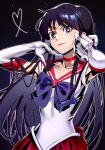  1girl artist_name black_hair bow choker cowboy_shot datcravat elbow_gloves facing_viewer gloves highres hino_rei long_hair magical_girl pointing pointing_at_viewer purple_eyes red_choker red_sailor_collar sailor_collar sailor_mars sailor_senshi_uniform solo tiara very_long_hair white_gloves 