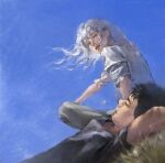  2boys aizheajsee arms_behind_back berserk black_hair black_tank_top blue_eyes blue_sky closed_eyes closed_mouth commentary commentary_request grass griffith_(berserk) guts_(berserk) highres long_hair looking_at_viewer lying male_focus mouth_hold multiple_boys on_grass parted_lips shirt short_hair short_sleeves sitting sky sleeping smile spiked_hair stalk_in_mouth tank_top white_hair white_shirt 
