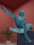  3d_(artwork) anthro bananastheleech blep blue_body blue_fur breasts chest_tuft digital_media_(artwork) felid female fur furniture genitals green_eyes hi_res kraft_trio looking_at_viewer mammal nipples pawpads paws pink_nipples pink_pawpads plant presenting presenting_pussy pussy red_wall sofa solo spread_legs spreading tongue tongue_out tuft 