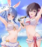  2girls absurdres animal_ears arm_up armpits azki_(hololive) bikini black_hair blue_hair blue_sky breasts day highres hololive idol maccaron61 medium_breasts medium_hair microphone multicolored_hair multiple_girls navel pink_hair purple_eyes rabbit_ears red_eyes sky swimsuit two-tone_hair usada_pekora 