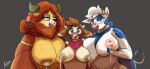  anthro arizona_cow_(tfh) azulejo bodily_fluids bovid bovine breasts cattle female group hasbro hi_res lactaid lactaid_cow lactating mammal mascot my_little_pony smile smiling_at_viewer them&#039;s_fightin&#039;_herds trio yak yona_yak_(mlp) 