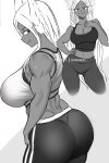  1girl animal_ears ass bangs bare_arms bare_shoulders black_pants black_sports_bra boku_no_hero_academia breasts cleavage contrapposto dark-skinned_female dark_skin greyscale hand_on_hip hand_on_own_chest highres large_breasts long_eyelashes long_hair looking_at_viewer midriff mirko monochrome multiple_views muscular muscular_female navel no_tail pants parted_bangs profile rabbit_ears rabbit_girl shinjinou1 smile sports_bra sportswear thighs tight tight_pants very_long_hair white_hair white_sports_bra yoga_pants 