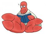  2_toes alien anthro arthropod barefoot blue_bottomwear blue_clothing blue_pants book bottomwear chippyyumyum clothing coat comedy_central confusion crustacean decapoda doctor_zoidberg feet foot_focus futurama lobster malacostracan male marine pants question_mark reading reading_book soles solo toes topwear 