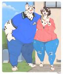  2022 anthro artist_name barefoot black_body black_eyelids black_fur black_lips black_nose blue_bottomwear blue_clothing blue_pants blue_shirt blue_sky blue_t-shirt blue_topwear border bottomwear breasts brown_eyes building canid canine canis cleavage clothed clothing dalmatian day detailed_background digital_media_(artwork) domestic_dog duo feet female floppy_ears fully_clothed fur grass green_eyes grin hand_in_pocket hi_res house jewelry lips male mammal multicolored_body multicolored_fur necklace outside overweight overweight_anthro overweight_female overweight_male pants pink_clothing pink_inner_ear pink_nose pink_shirt pink_topwear plant pockets roly shirt sky smile spots spotted_arms spotted_body spotted_ears spotted_face spotted_feet spotted_fur t-shirt teeth thick_thighs topwear torn_bottomwear torn_clothing torn_pants tree two_tone_body two_tone_fur white_body white_border white_fur wide_hips 