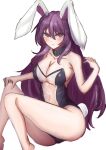  1girl absurdres animal_ears ass barefoot breasts cleavage closed_mouth highres kuraki large_breasts long_hair looking_at_viewer navel playboy_bunny purple_hair rabbit_ears rabbit_tail red_eyes reisen_udongein_inaba simple_background solo tail touhou translucent_bunnysuit white_background 
