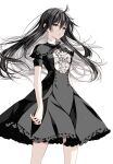  1girl absurdres akemi_homura bangs black_hair black_ribbon brown_eyes capelet colored_inner_hair dress_shirt floating_hair frilled_capelet frilled_skirt frills grey_capelet grey_hair grey_skirt hair_between_eyes hairband highres long_hair looking_at_viewer mahou_shoujo_madoka_magica medium_skirt misteor multicolored_hair neck_ribbon purple_hairband ribbon shirt short_sleeves simple_background skirt solo standing two-tone_hair underbust very_long_hair white_background white_shirt 