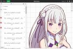  1girl auyum bangs blush braid breasts cleavage cleavage_cutout clothing_cutout crown_braid emilia_(re:zero) flower gem graphing_calculator green_gemstone grey_hair hair_flower hair_ornament hair_ribbon looking_at_viewer making-of_available math pointy_ears purple_eyes purple_ribbon re:zero_kara_hajimeru_isekai_seikatsu ribbon smile solo upper_body 