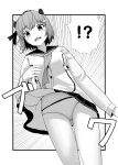  !? 1girl absurdres commentary_request dress emphasis_lines from_below greyscale headgear highres kantai_collection monochrome panties sailor_collar sailor_dress short_hair solo standing underwear upper_body wind wind_lift yuki_4040 yukikaze_(kancolle) 