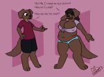  anthro belly big_belly big_breasts bird_dog breasts canid canine canis cleavage cleavage_overflow clothed clothing clothing_too_small dialogue domestic_dog duo female hi_res huge_breasts hunting_dog labrador lonnyk male male/male mammal overweight overweight_female retriever standing 