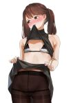  1girl absurdres bangs bare_shoulders bikini black_bra black_pantyhose black_shirt black_skirt blush bra brown_eyes brown_hair clothes_lift crotch_seam flat_chest highres kantai_collection lifted_by_self long_hair looking_away looking_to_the_side lowleg lowleg_panties micro_bikini mouth_hold nail_polish navel open_mouth panties panties_under_pantyhose pantyhose pink_nails ryuujou_(kancolle) shirt shirt_lift skirt skirt_lift sleeveless sleeveless_shirt solo standing stomach swimsuit tama_(tamago) thighband_pantyhose turtleneck twintails two-tone_bra underwear white_bra white_panties 