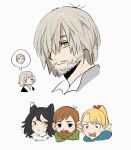  2boys 3girls animal_ears bangs bearded_girl black_hair blonde_hair blush bob_cut brother_and_sister brown_hair cat_ears cat_girl chilchuck closed_eyes dungeon_meshi elf facial_hair falin_thorden frs2 fur green_eyes grey_hair hair_over_one_eye highres izutsumi laios_thorden long_hair looking_at_viewer marcille multiple_boys multiple_girls mustache one_eye_covered pointy_ears ponytail portrait short_hair siblings spoken_character stubble surprised thought_bubble yellow_eyes 