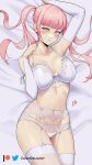  1girl arm_up bangs bare_shoulders bed_sheet blush bra breasts commentary commission cowboy_shot damodar detached_sleeves fire_emblem fire_emblem:_three_houses garter_belt hand_up highres hilda_valentine_goneril large_breasts long_hair long_sleeves looking_at_viewer lying navel on_back panties parted_lips pink_eyes pink_hair solo stomach thighhighs thighs twintails underwear white_bra white_panties white_thighhighs 